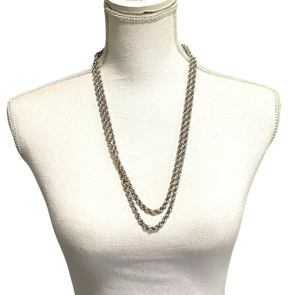 Vintage Crown Trifari Double Ring Chain Necklace 54" Silver Tone Sparkly Bling